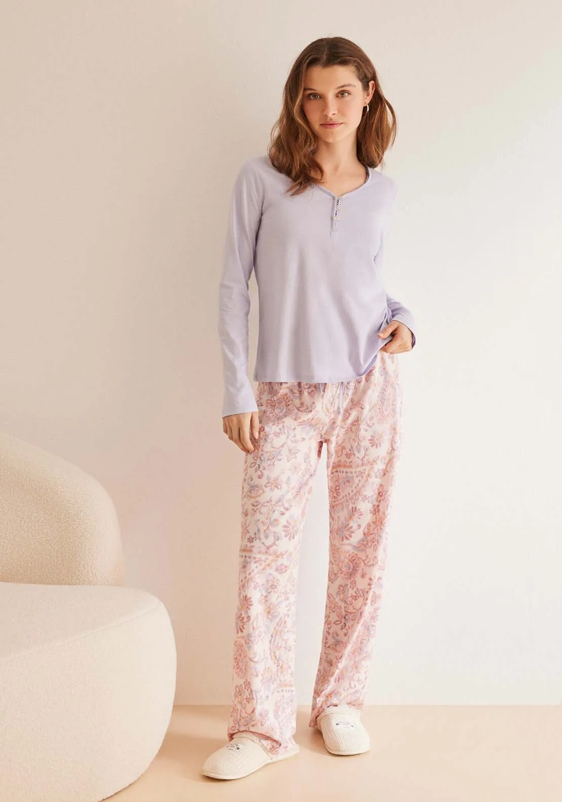 100% Cotton Paisley Pyjama Bottoms Set - Pink