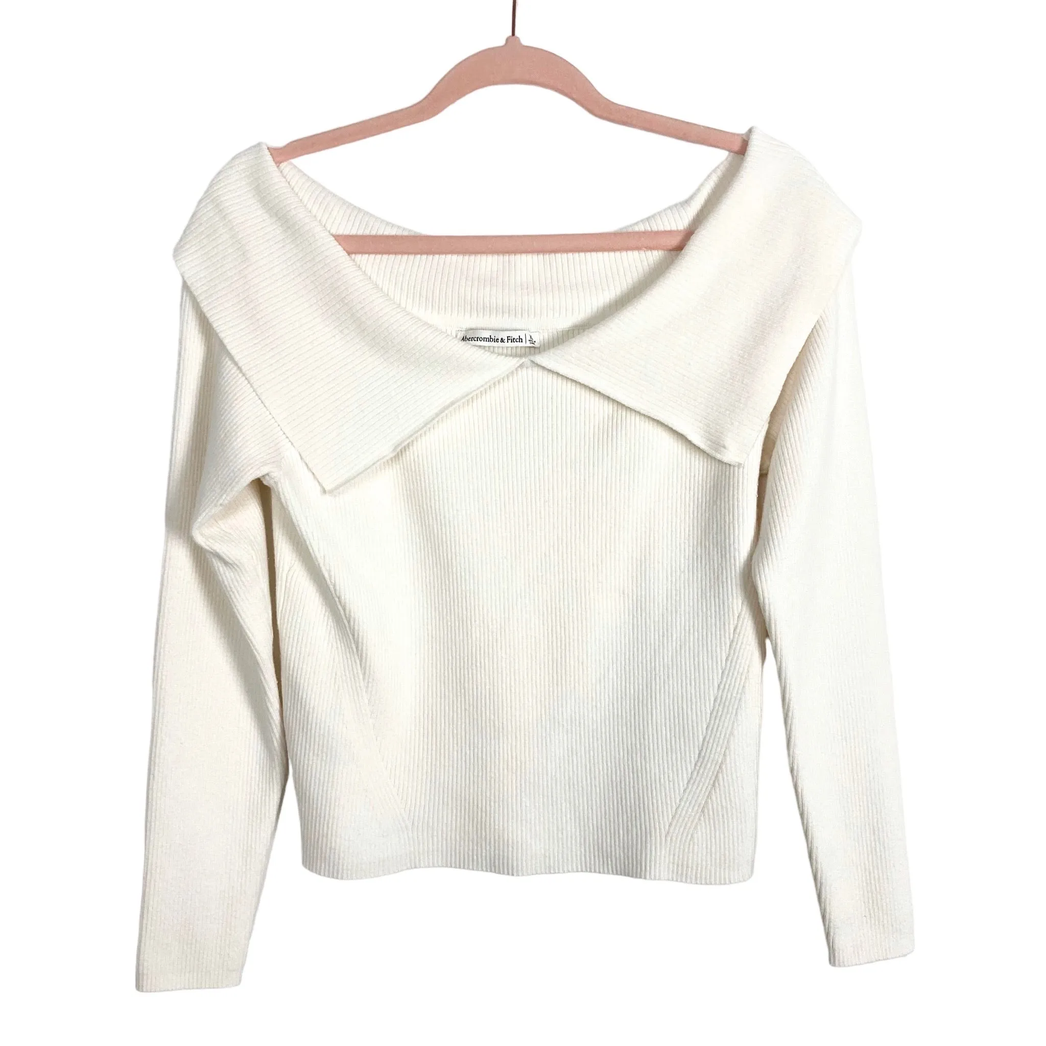 ABERCROMBIE & FITCH IVORY RIBBED OFF THE SHOULDER SLIM SWEATER-SIZE XL (SEE NOTES,  ONLINE)