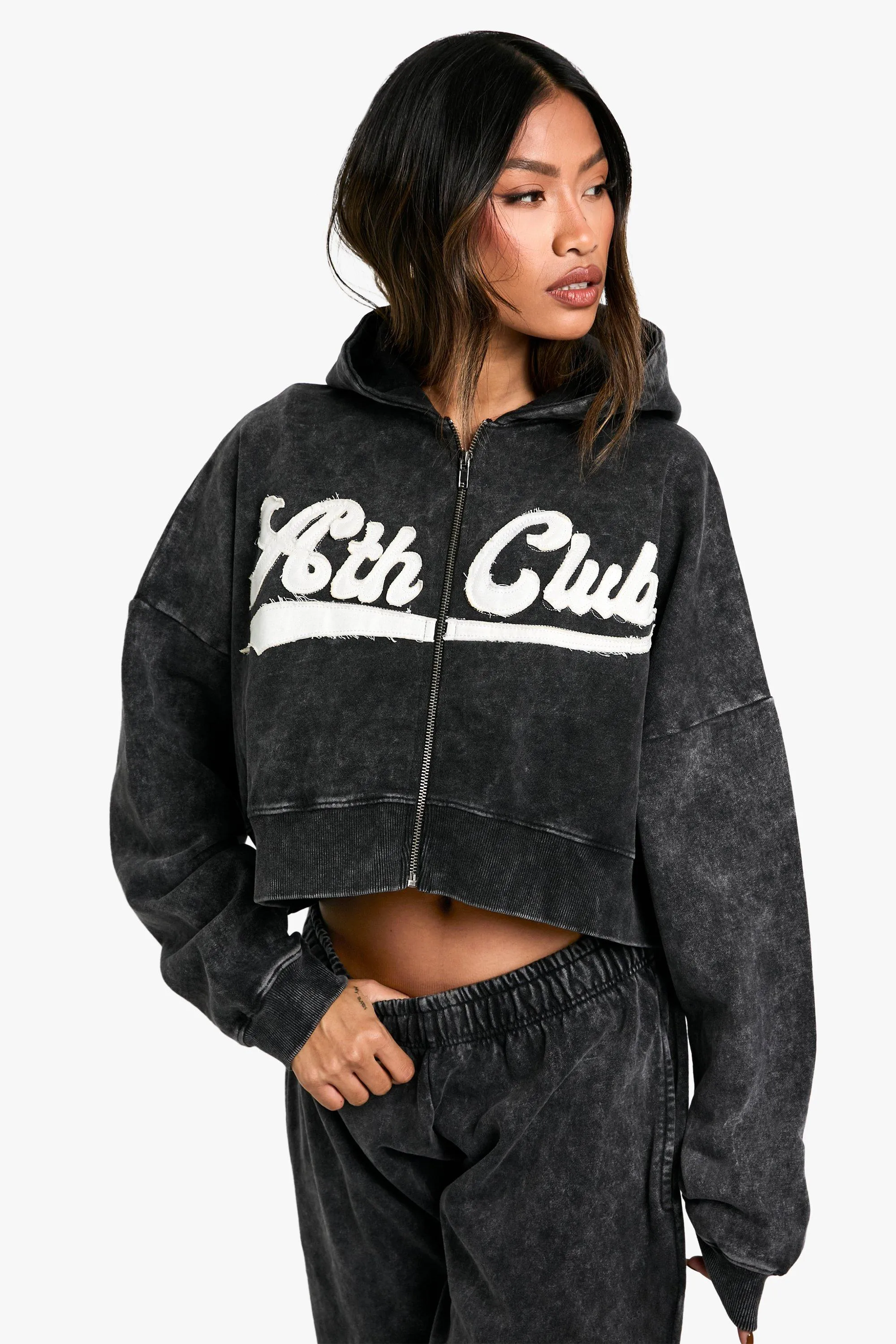 Ath Club Acid Wash Boxy Crop Zip Through Hoodie