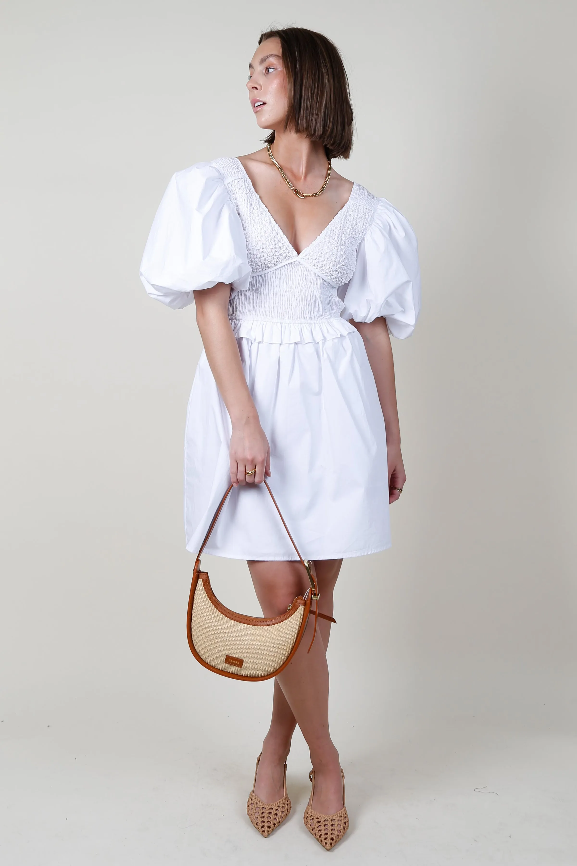 AUREUM | Smocked Puff Sleeve Mini Dress - White