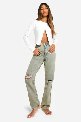 Basics 30 Inch Leg Sand Wash High Waisted Straight Leg Ripped Knee Jeans