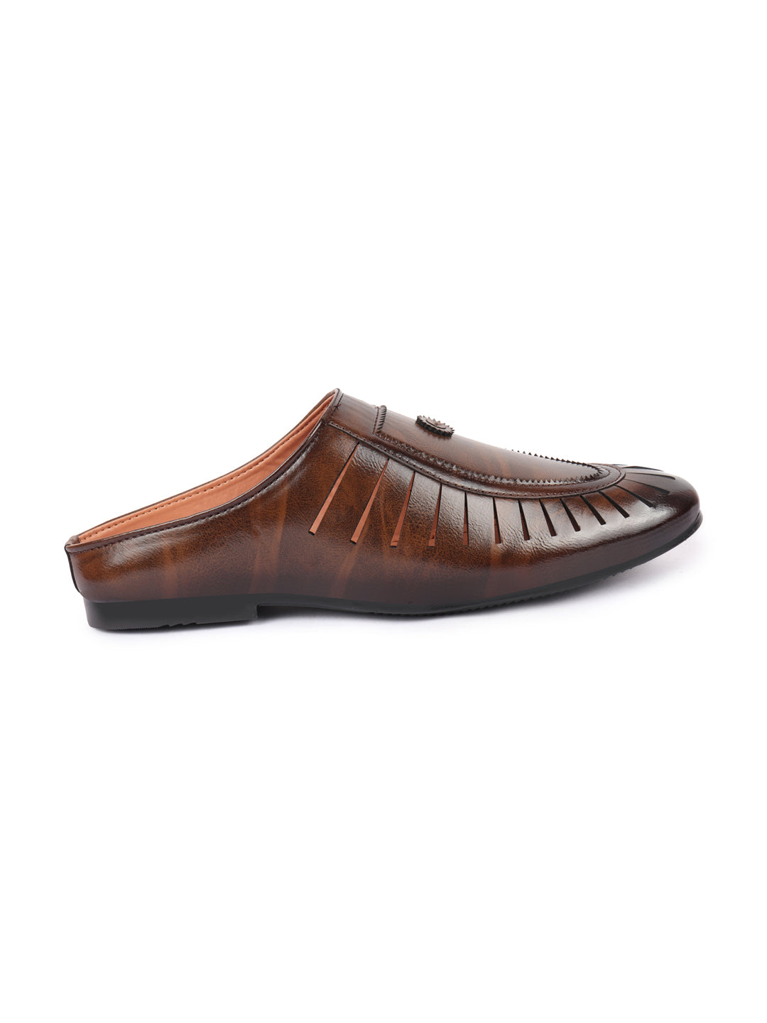 Basics Men Brown Back Open Laser Cut Design Classic Ethnic Slip On Mules