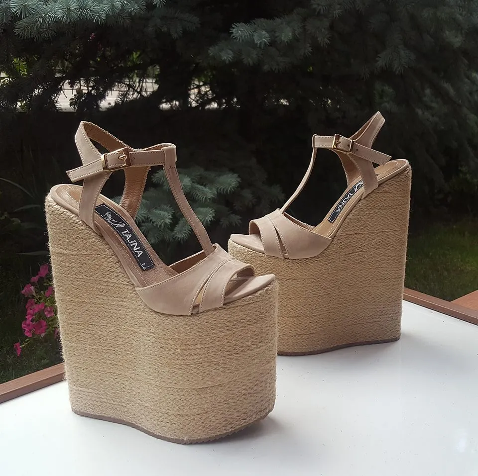 Beige Espadril 20 cm High Heel Wedge Sandals