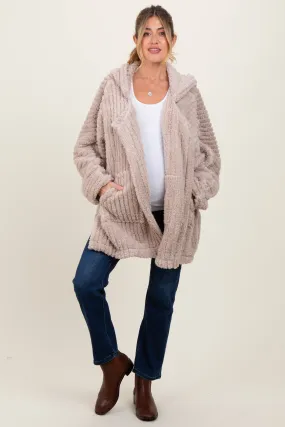 Beige Fuzzy Slit Hem Hooded Maternity Cardigan