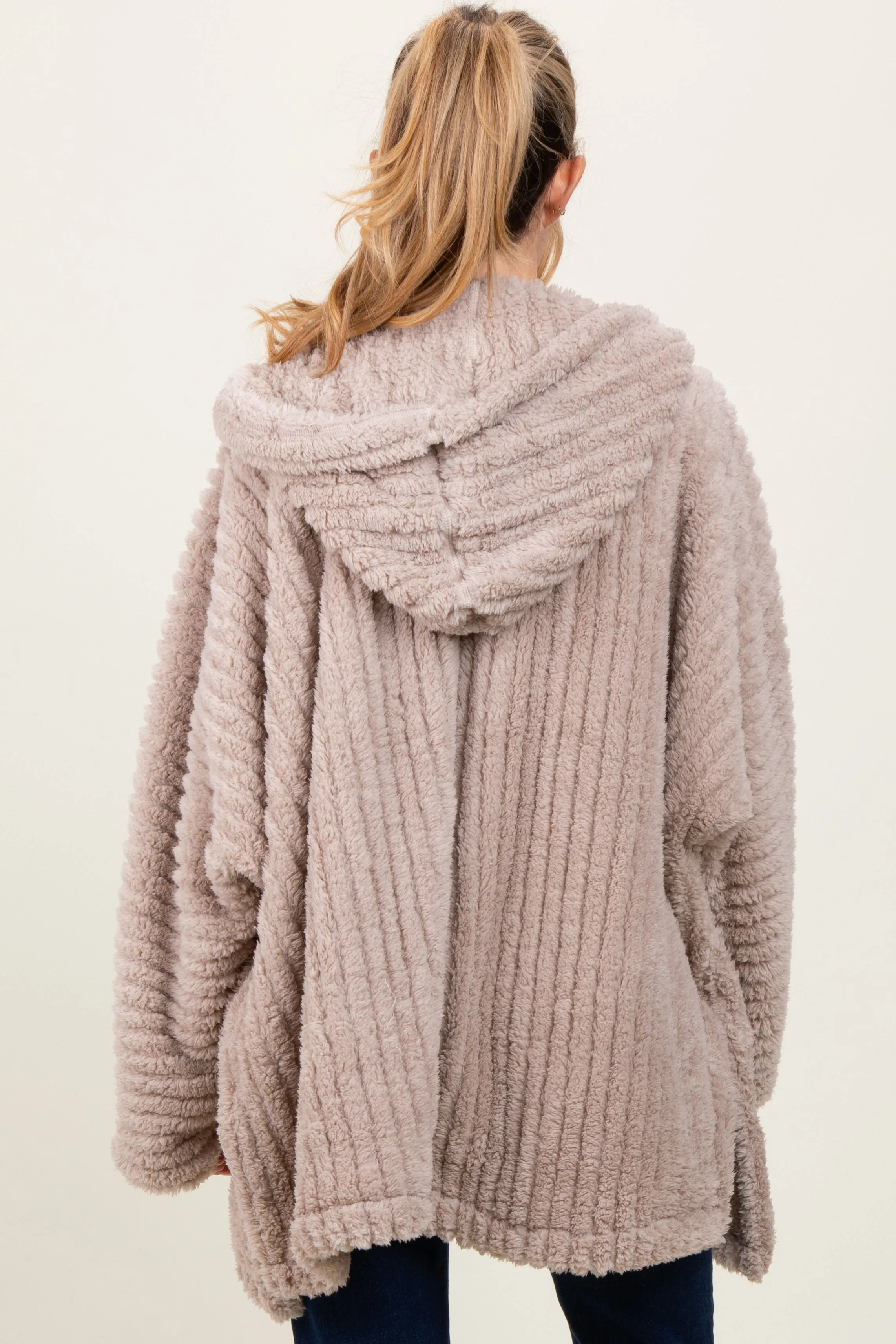 Beige Fuzzy Slit Hem Hooded Maternity Cardigan