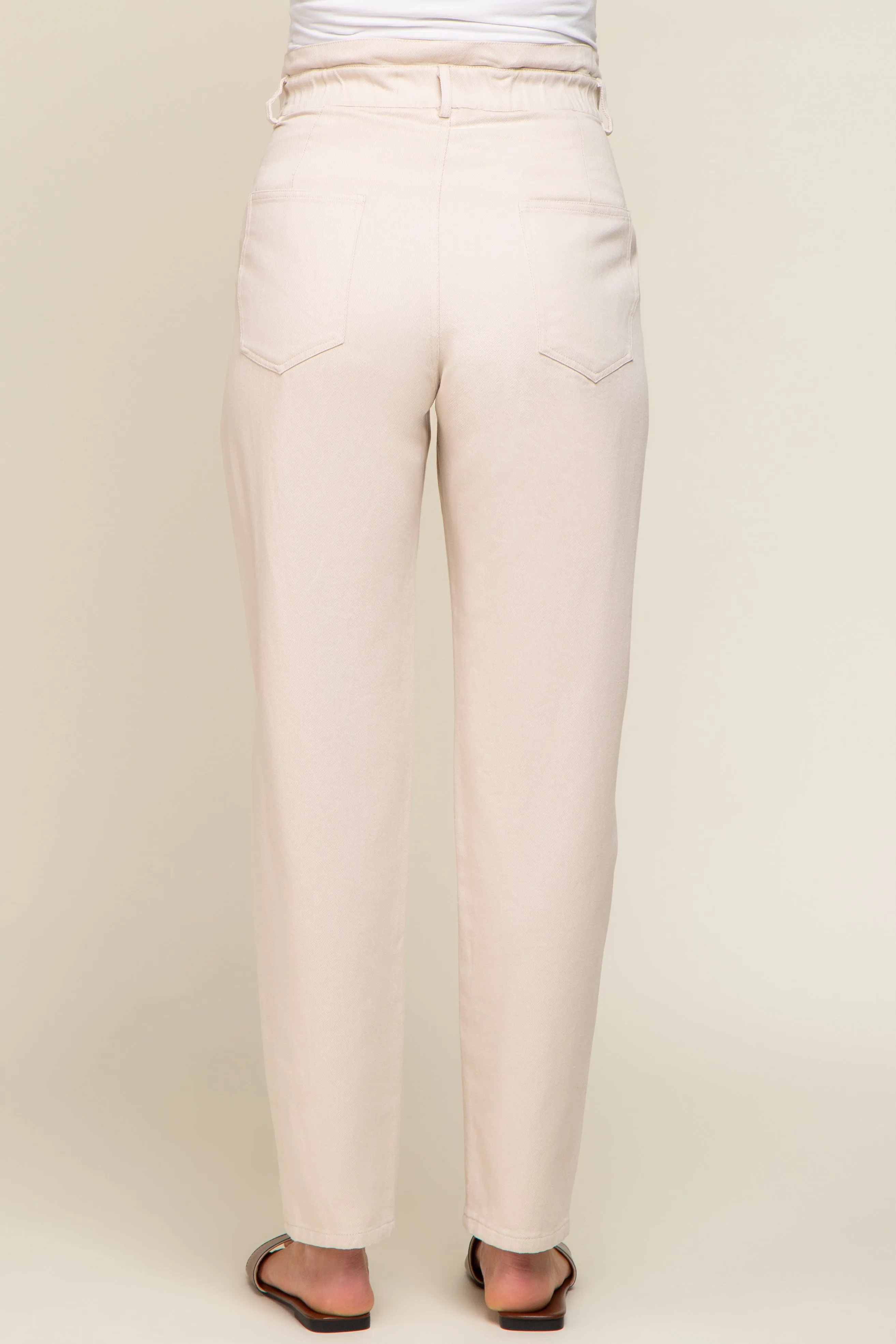 Beige Smocked Waist Straight Leg Maternity Jeans