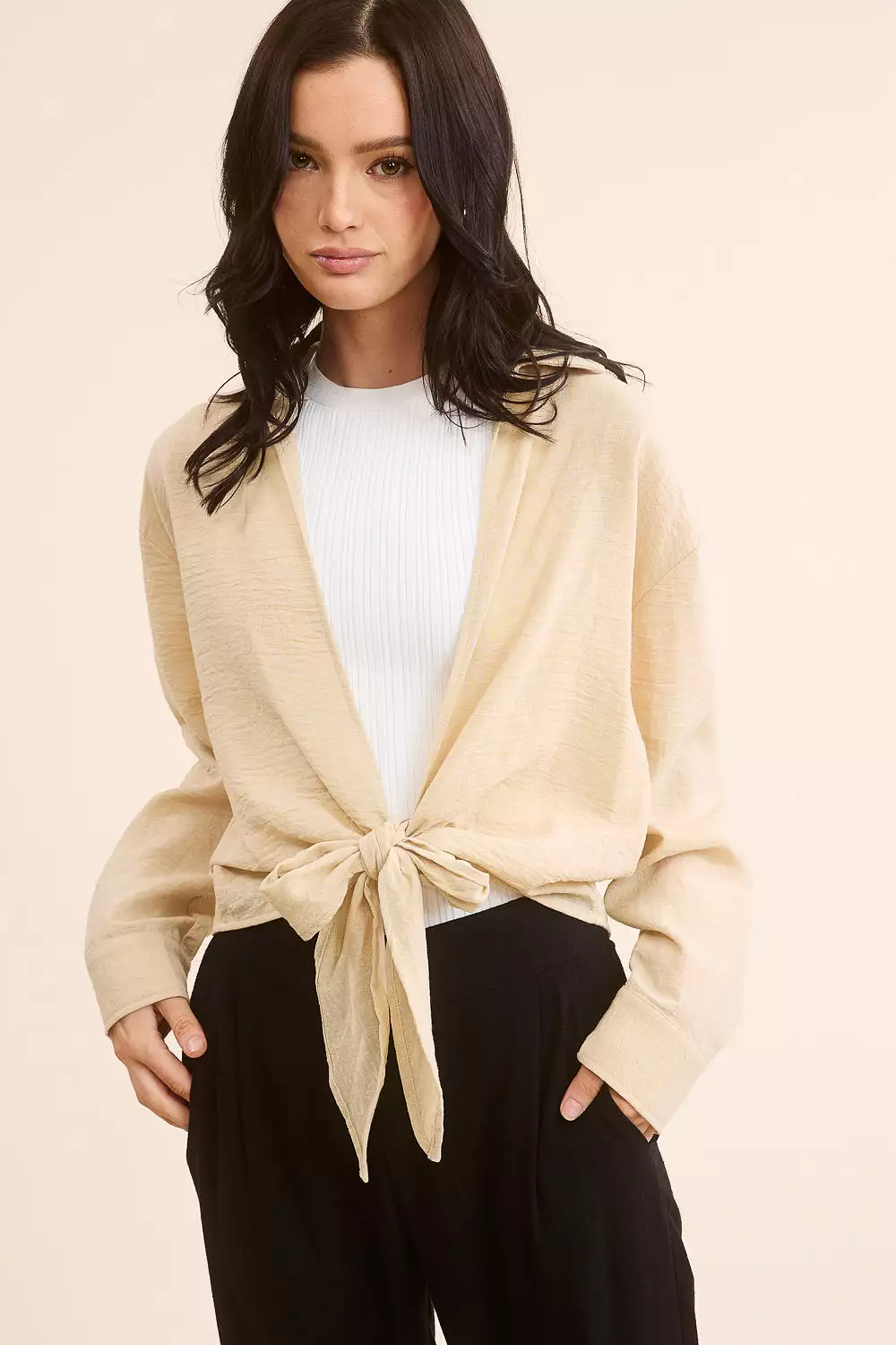 Beige Tie-Front Top