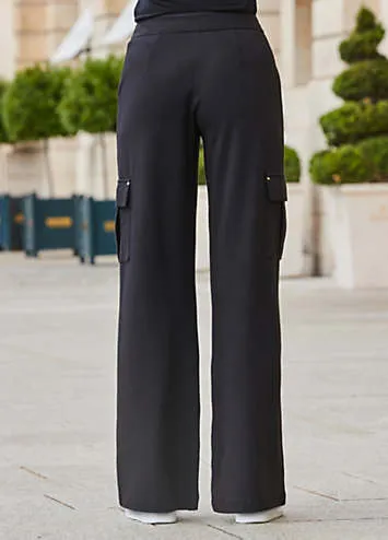 Black Super Soft Ponte Wide Leg Trousers with Pocket Detail by Sosandar | Look Again