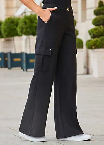 Black Super Soft Ponte Wide Leg Trousers with Pocket Detail by Sosandar | Look Again