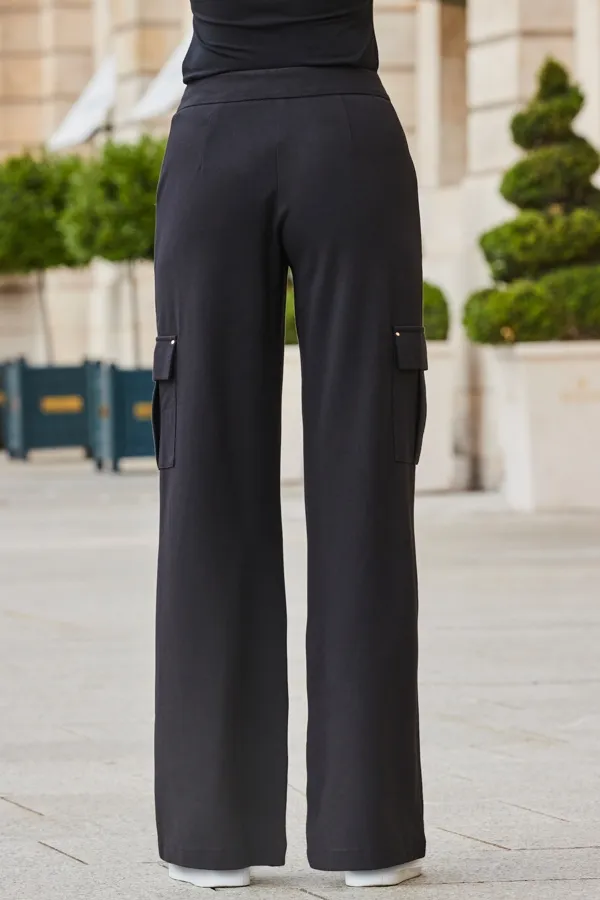 Black Super Soft Ponte Wide Leg Trousers With Pocket Detail