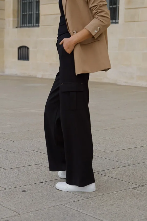 Black Super Soft Ponte Wide Leg Trousers With Pocket Detail