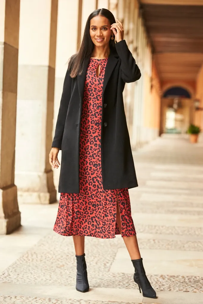 Black Wool Mix Coat With Button Detail