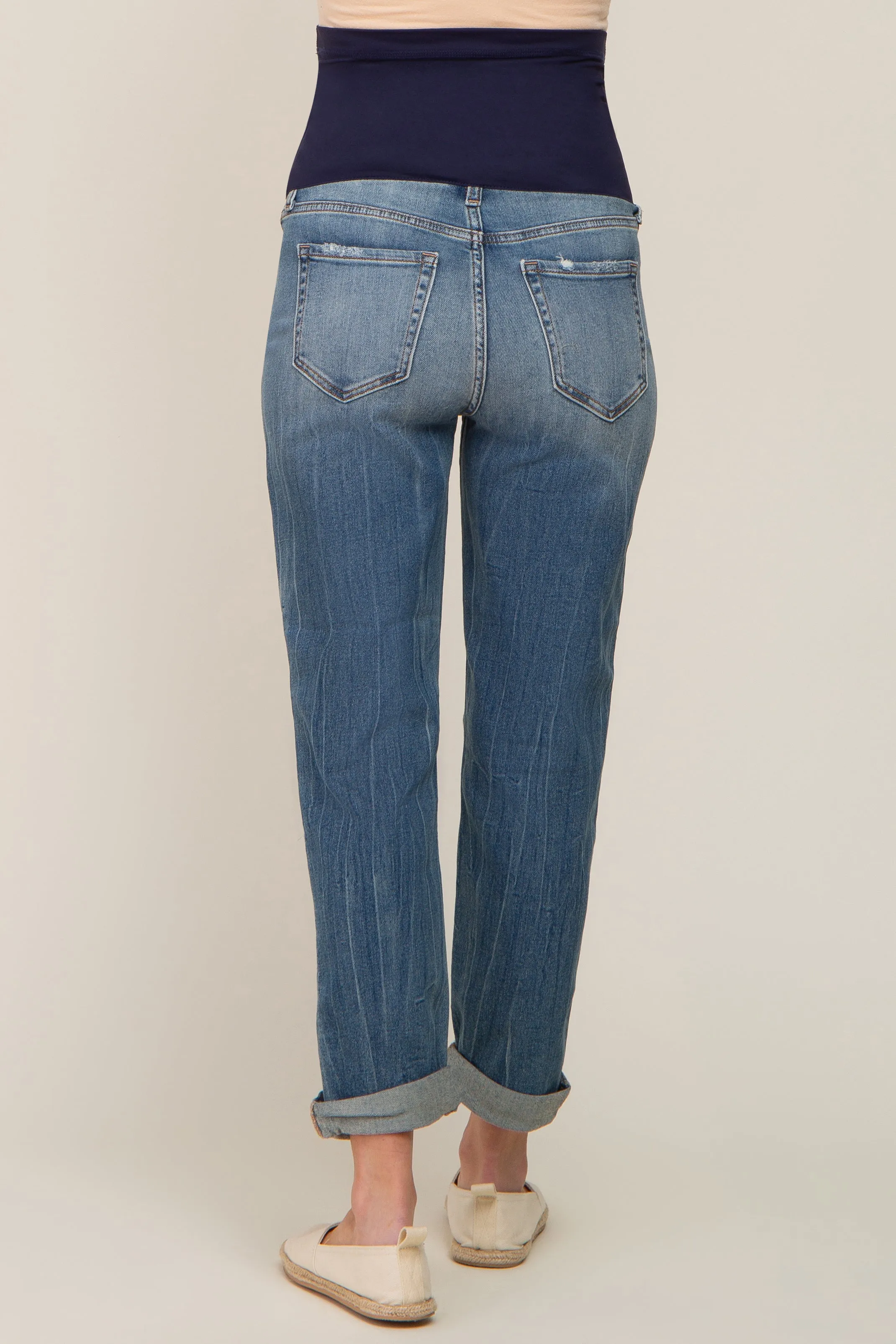 Blue Distressed Knee Rolled Hem Maternity Straight Leg Jeans