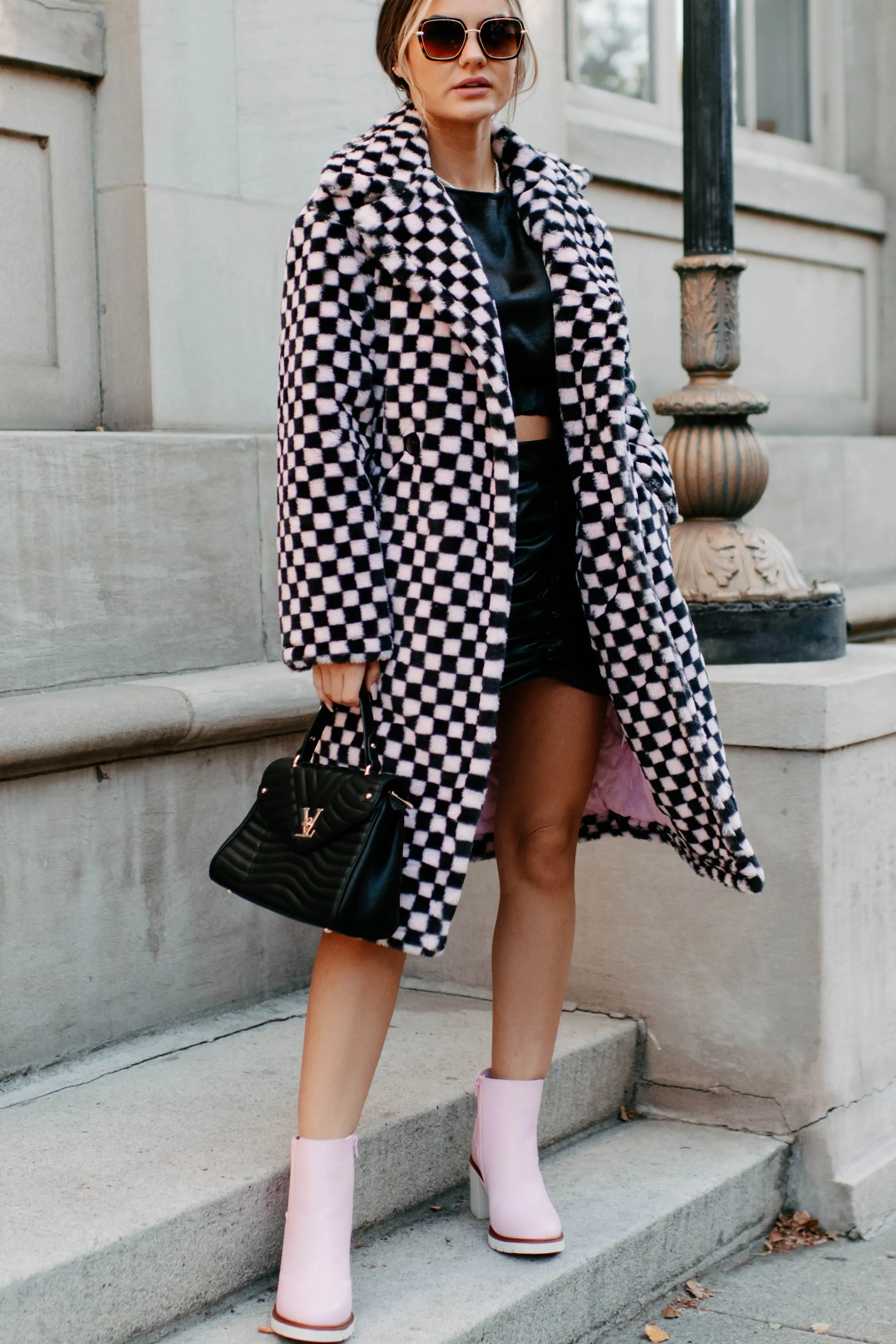 Call My Lawyer Checkered Faux Fur Coat (Black & Pink)