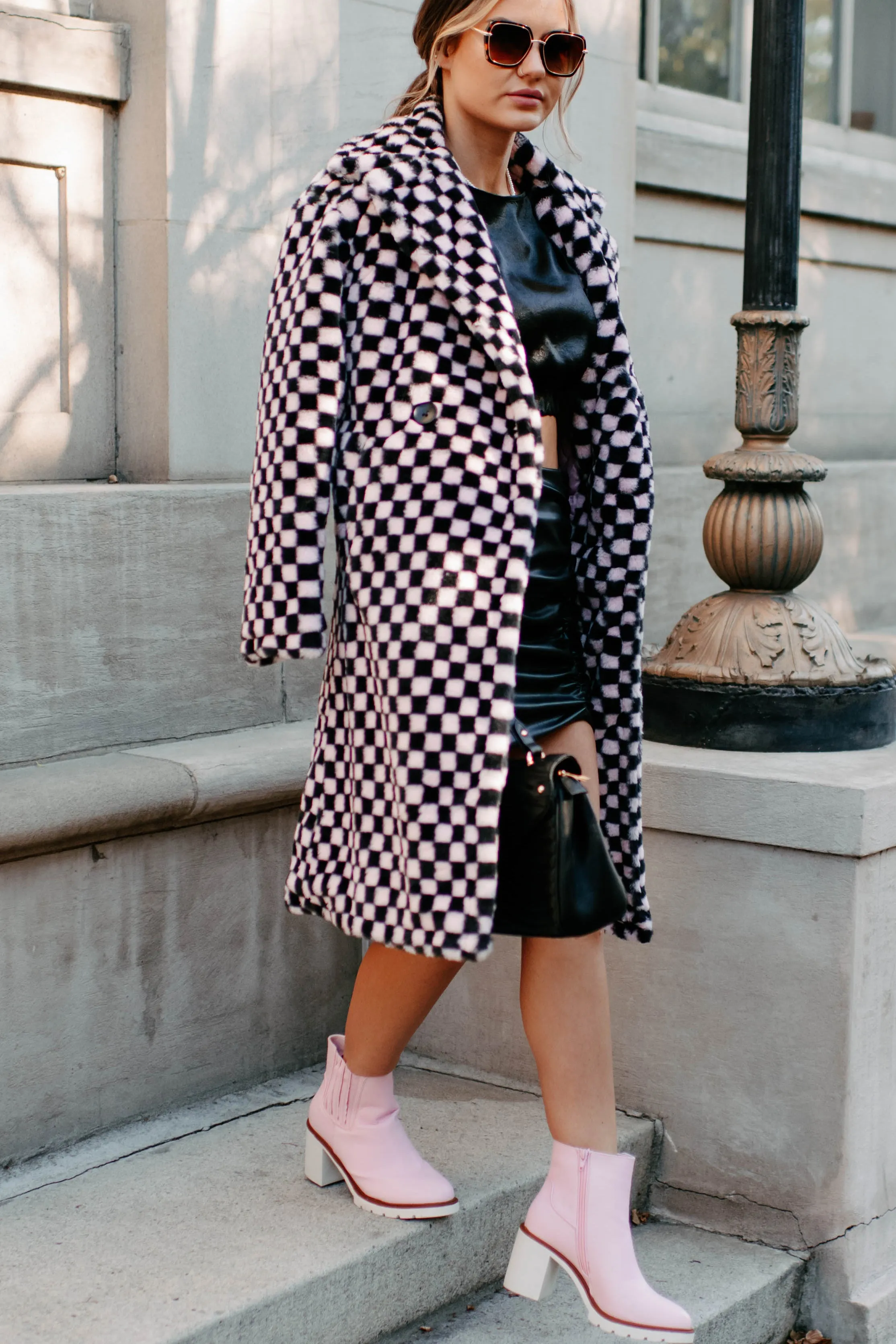 Call My Lawyer Checkered Faux Fur Coat (Black & Pink)