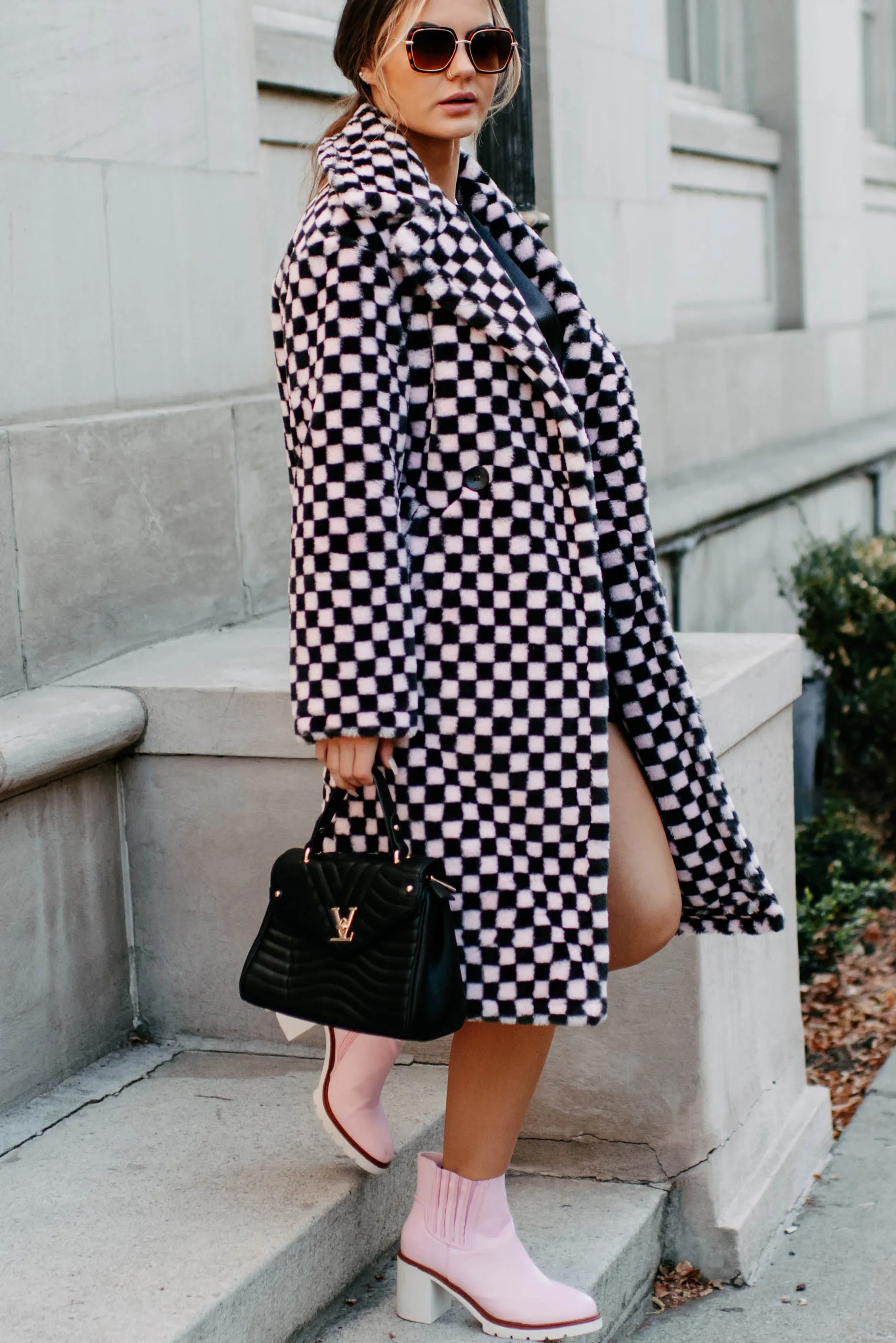 Call My Lawyer Checkered Faux Fur Coat (Black & Pink)