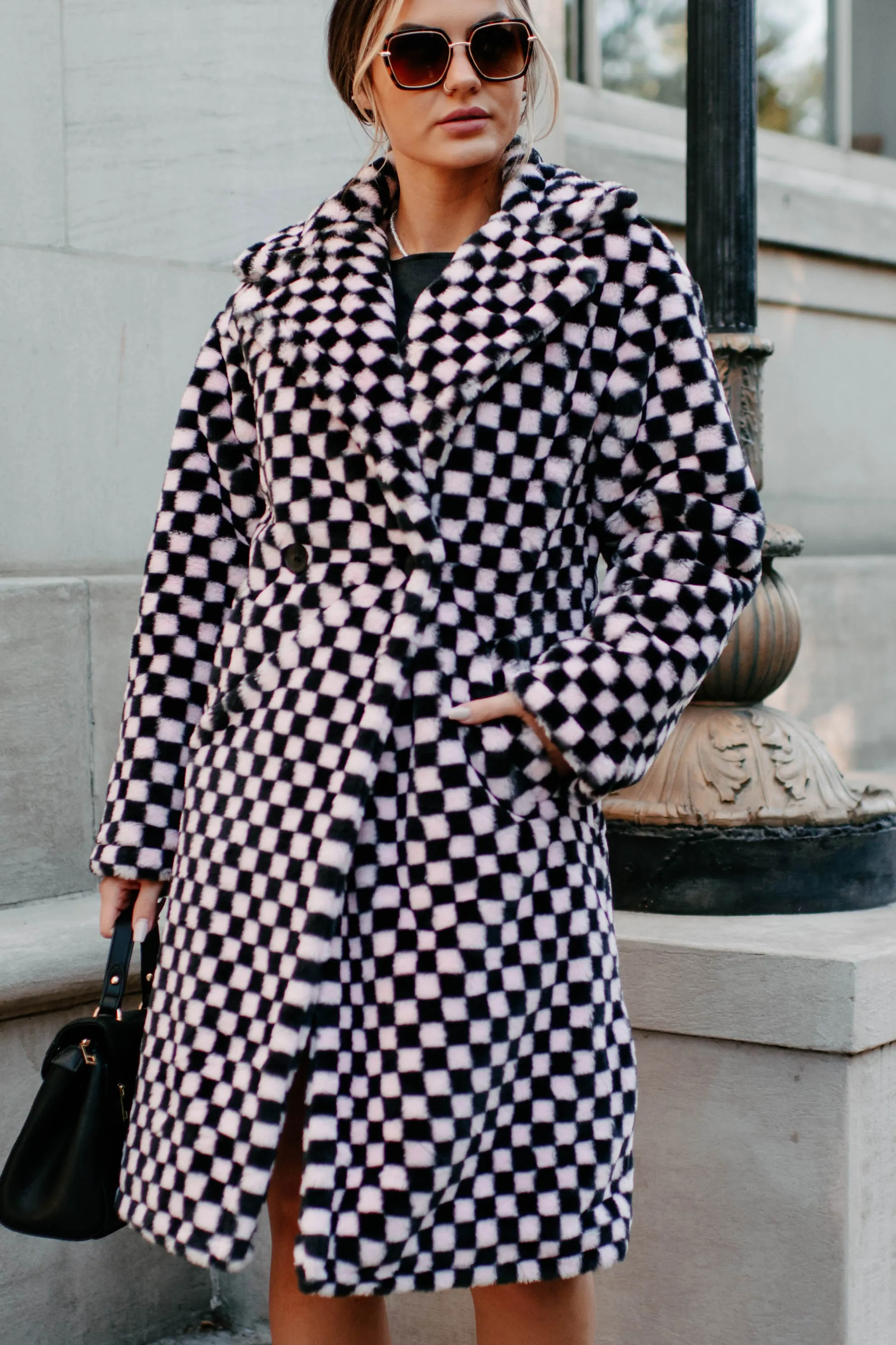 Call My Lawyer Checkered Faux Fur Coat (Black & Pink)