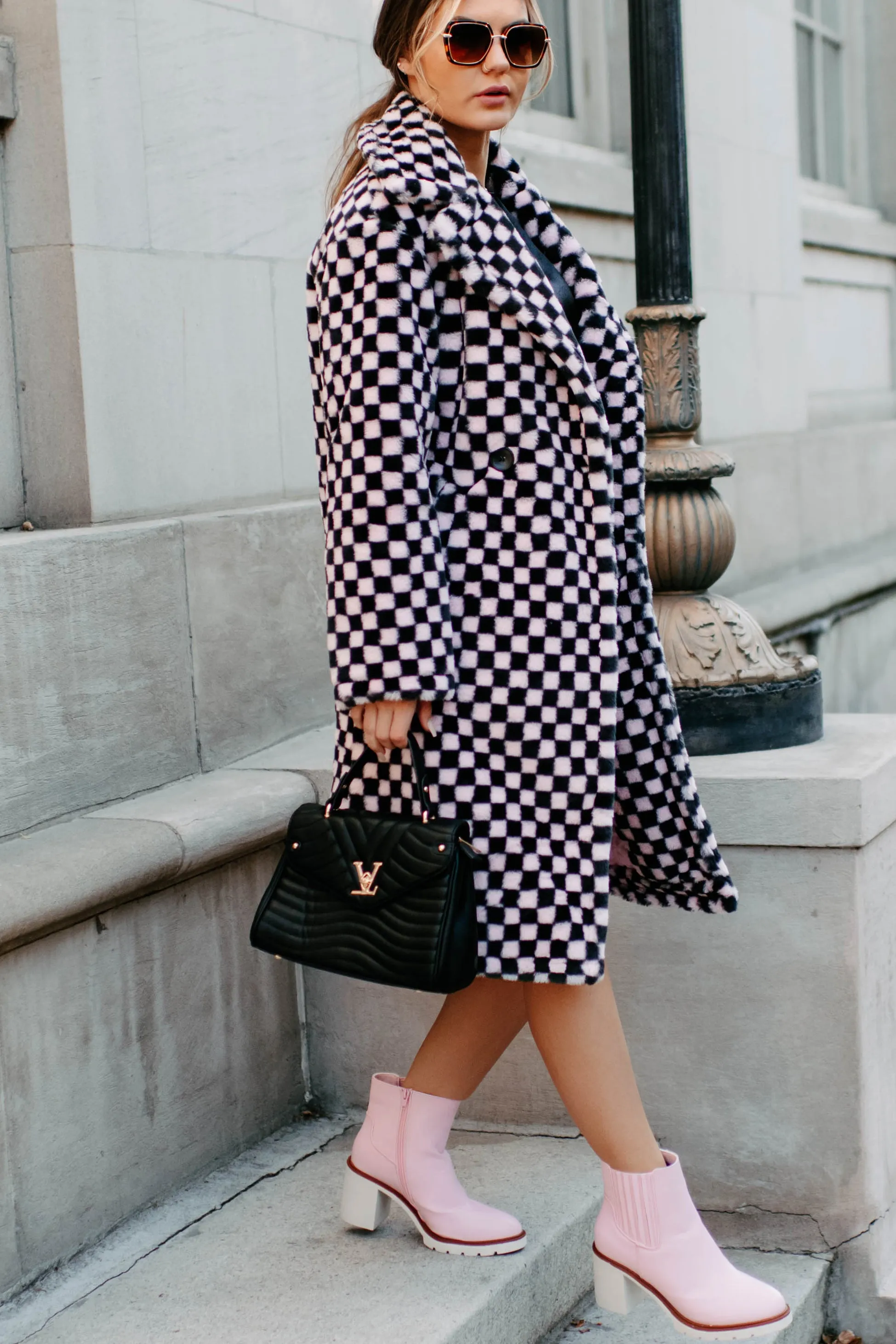 Call My Lawyer Checkered Faux Fur Coat (Black & Pink)