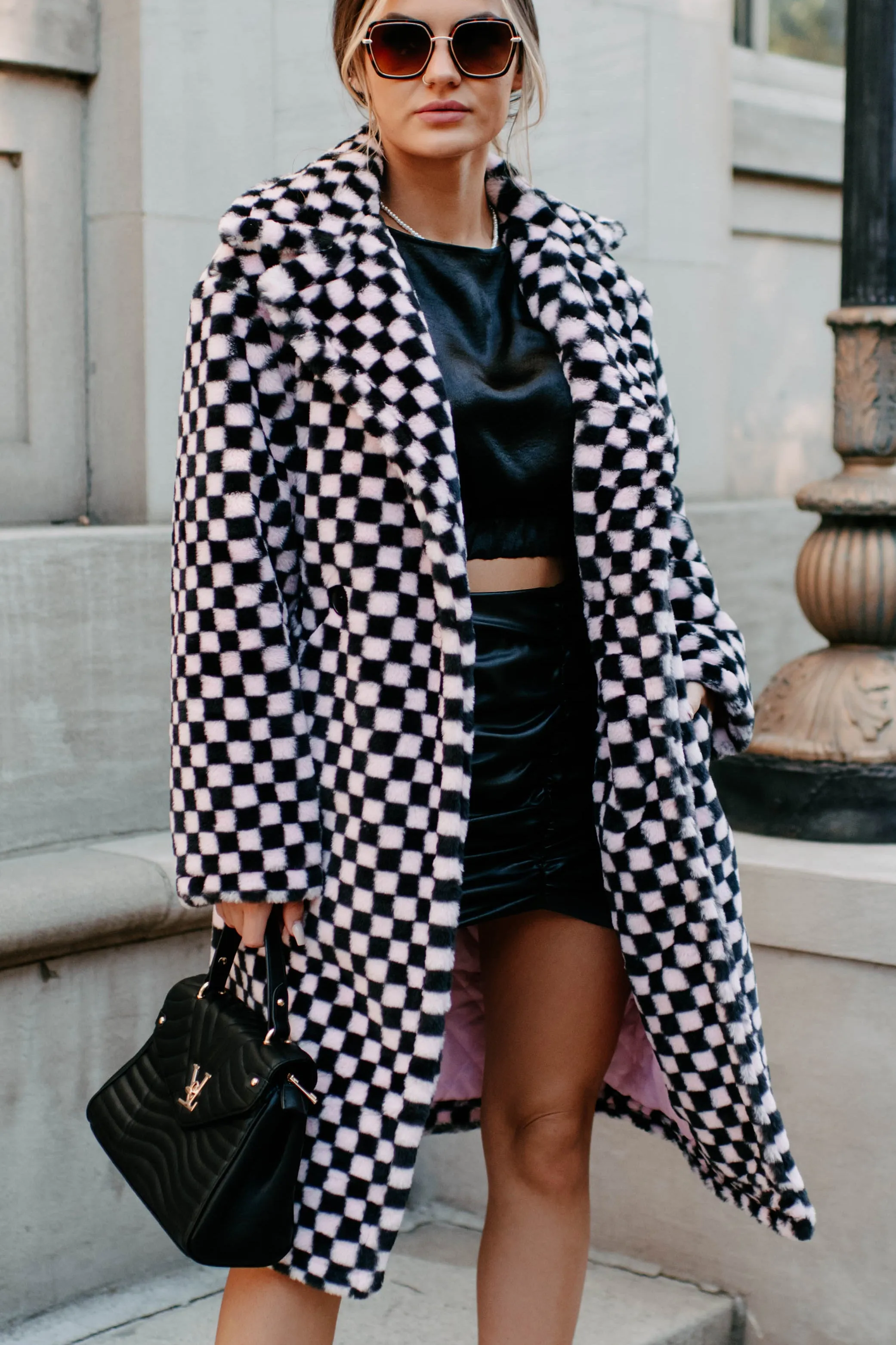 Call My Lawyer Checkered Faux Fur Coat (Black & Pink)