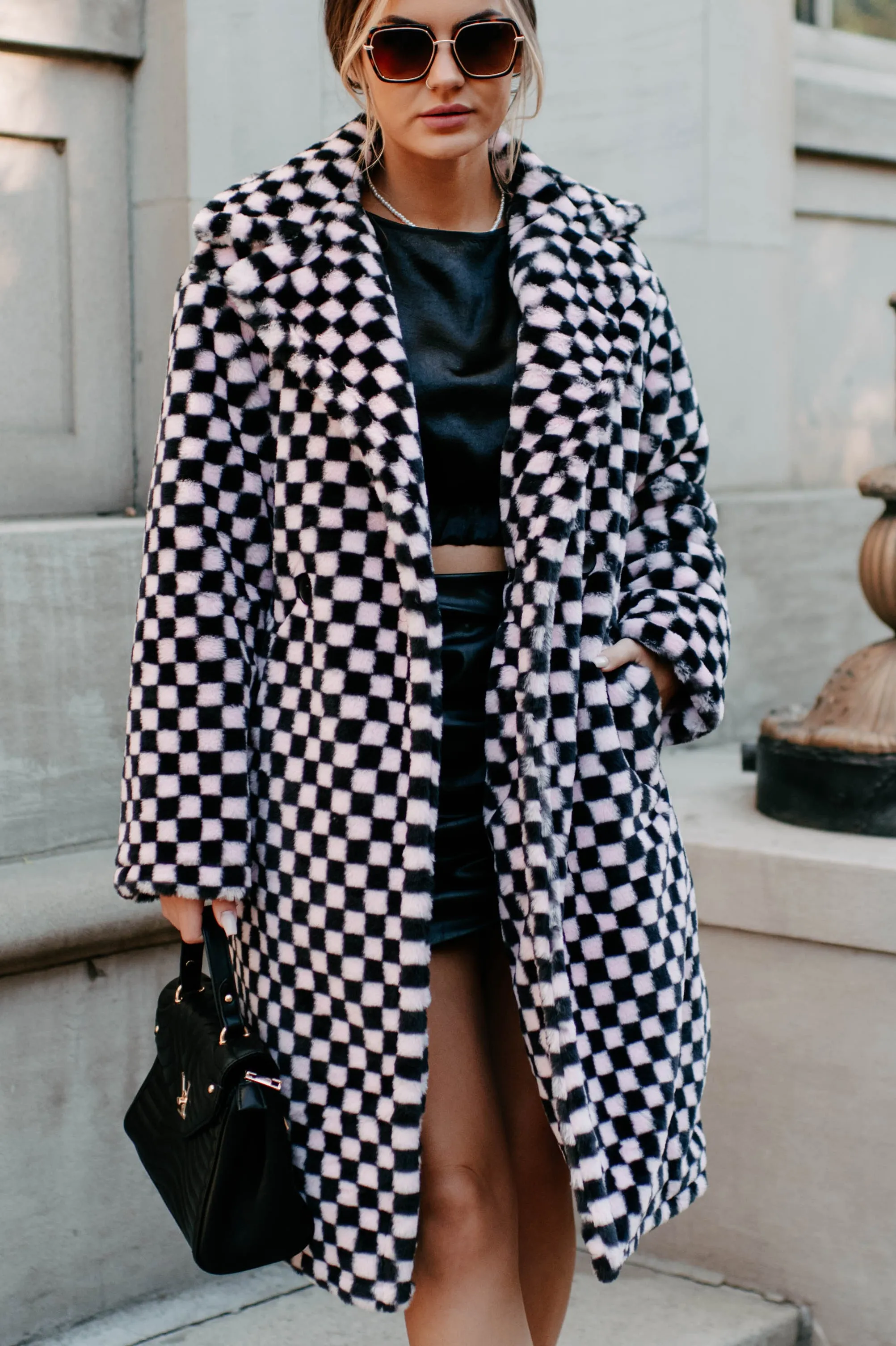 Call My Lawyer Checkered Faux Fur Coat (Black & Pink)