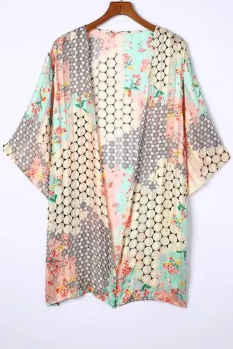 Casual Color Block Flower Short Sleeve Chiffon Kimono