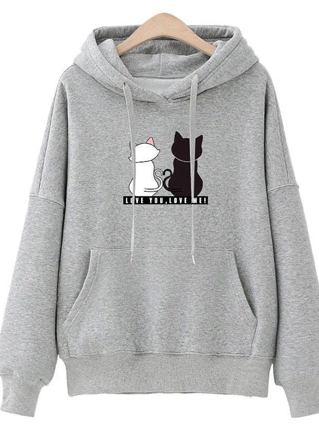 Cat Print Plus Size Hooded Sweatshirt for Women