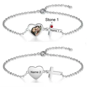 CBA103733 - Personalized Photo, Name & Birthstone Bracelet, Stainless Steel