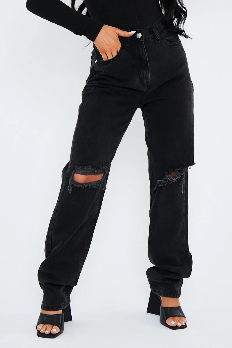 Charcoal Denim Distressed Knee Extra Long Jeans - Ivelisse