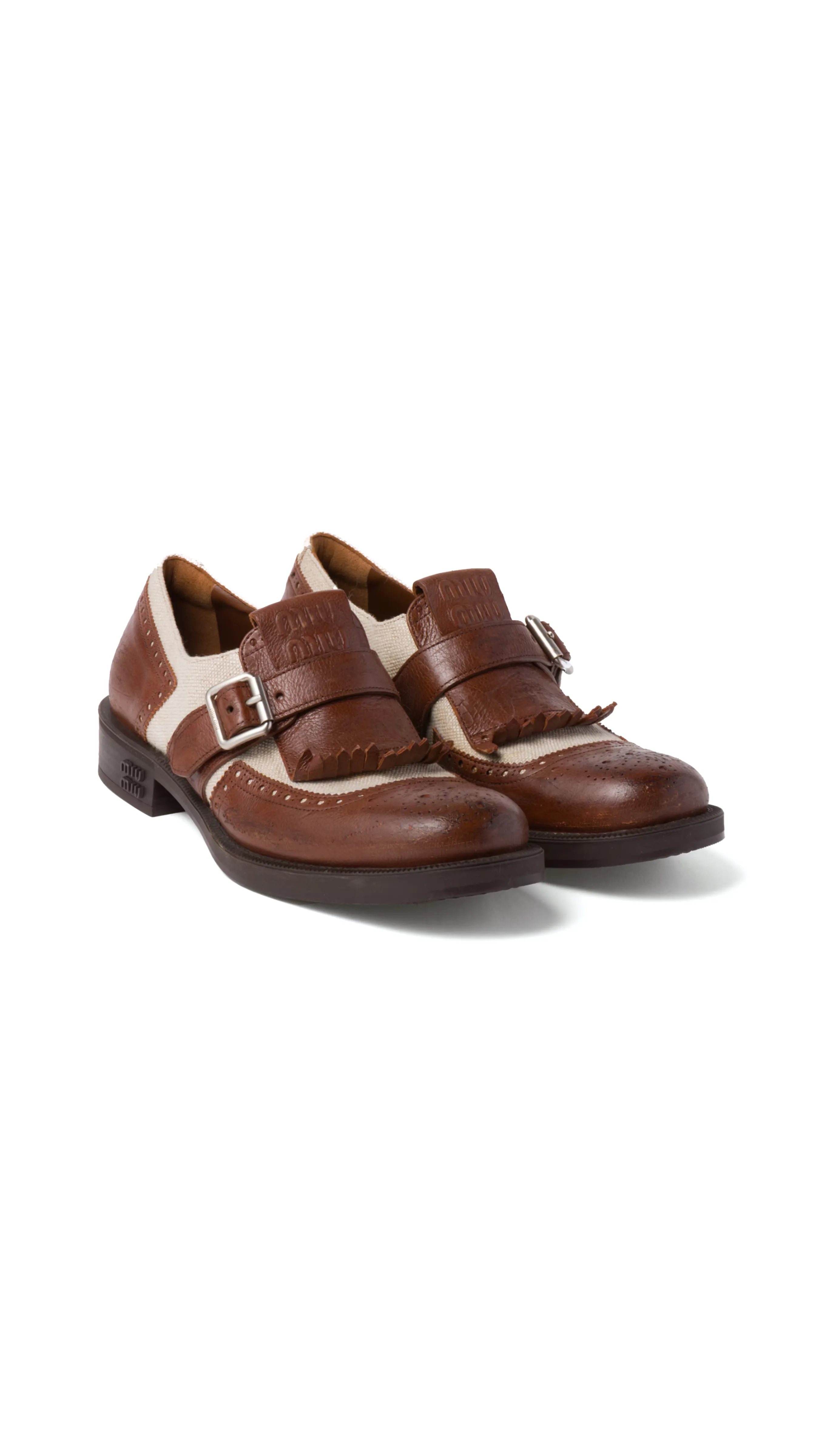 Church's X Miu Miu Shanghai Leather and Linen Shoes - Walnut Brown/Cord