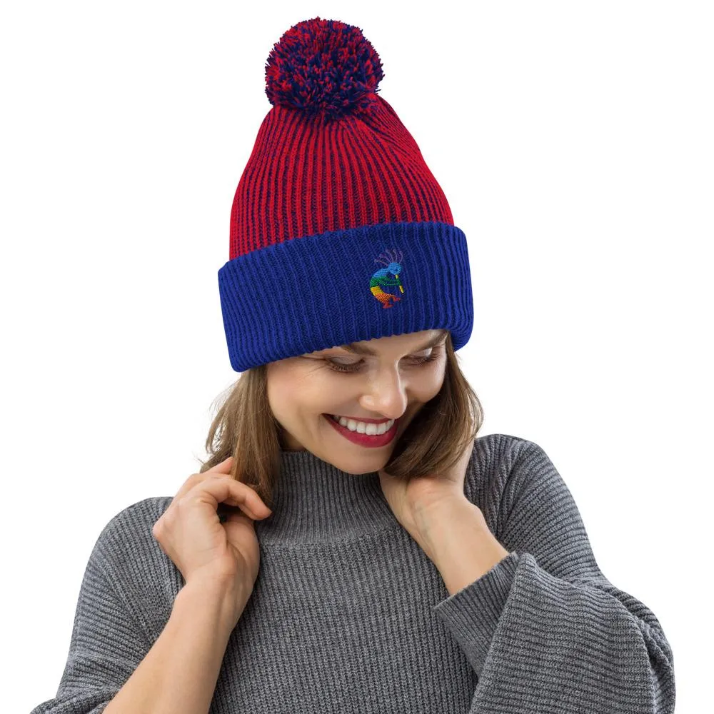 Colorful Kokopelli Embroidered Pom-Pom Beanie