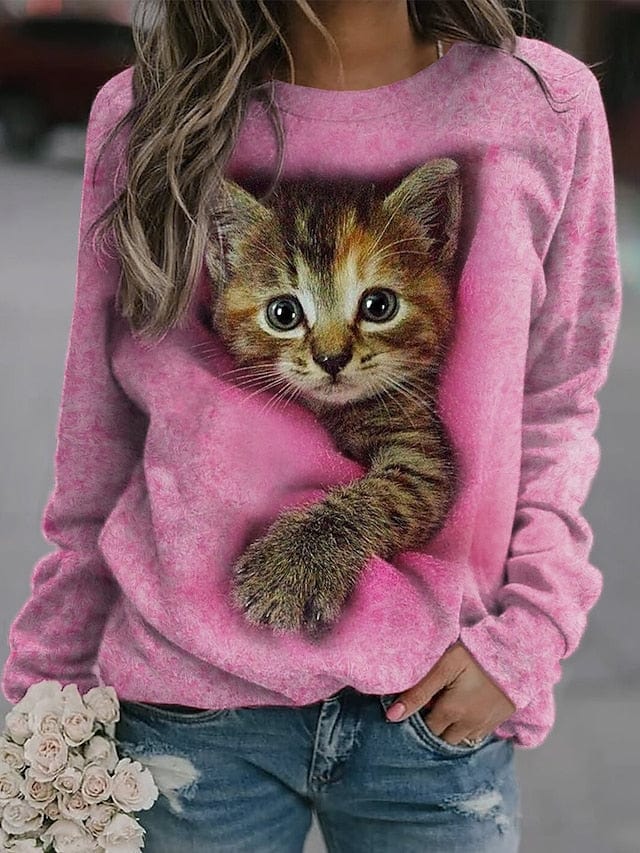 Cozy Pink Cat Print Plus Size Sweatshirt