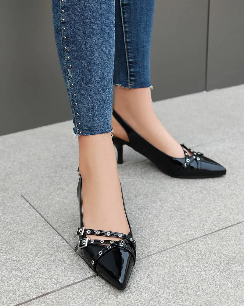 Cross Belt Buckle Stiletto Slingback Kitten Heel Sandals