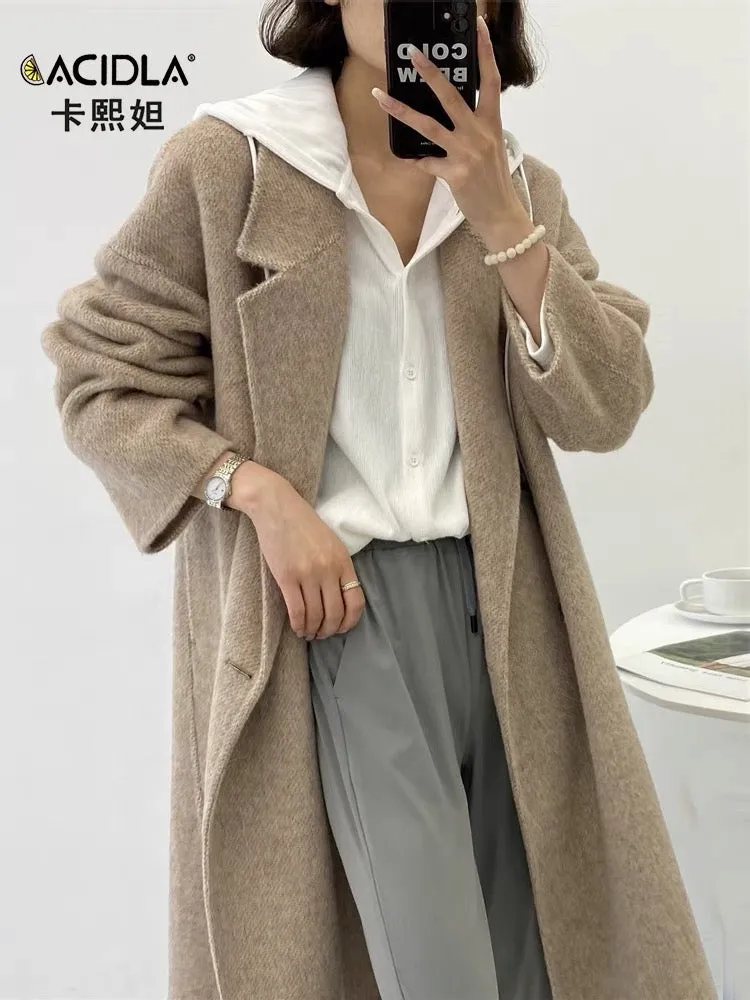 Double-sided cashmere coat for women mid-length 2023 autumn and winter new high-end loose suit collar long woolen coat