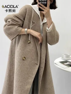 Double-sided cashmere coat for women mid-length 2023 autumn and winter new high-end loose suit collar long woolen coat