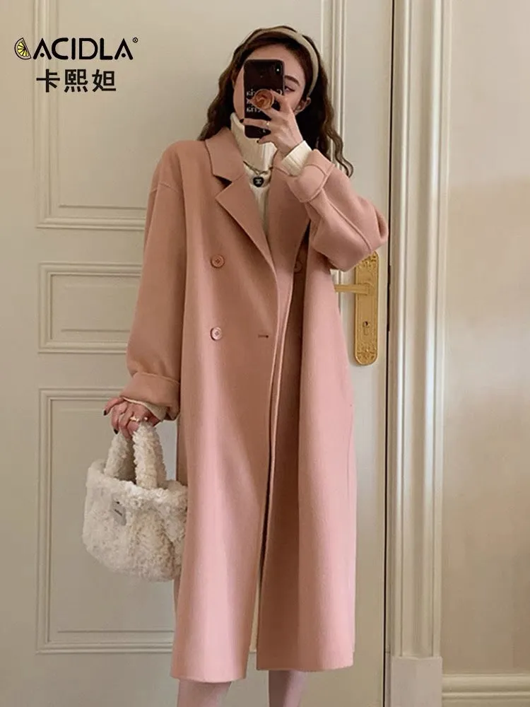 Double-sided cashmere coat for women mid-length 2023 autumn and winter new high-end loose suit collar long woolen coat