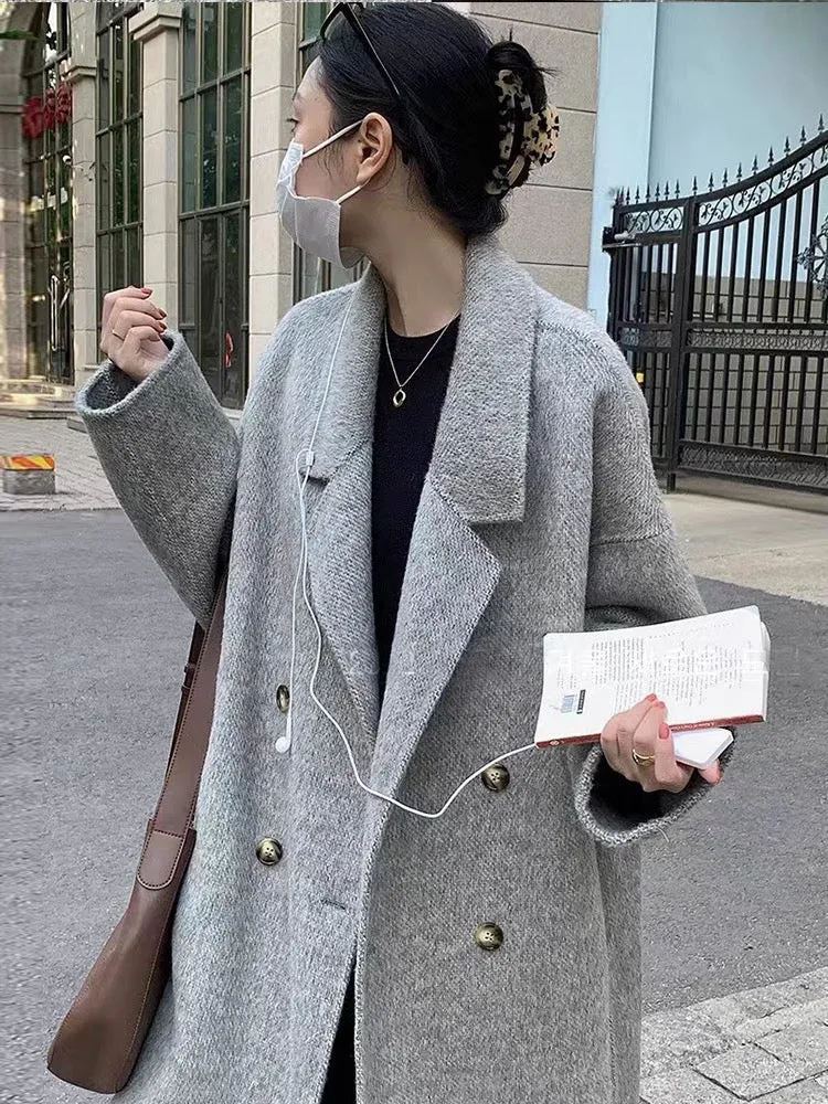 Double-sided cashmere coat for women mid-length 2023 autumn and winter new high-end loose suit collar long woolen coat