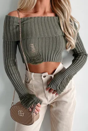 Edgy Instinct Off The Shoulder Distressed Crop Sweater (Olive)