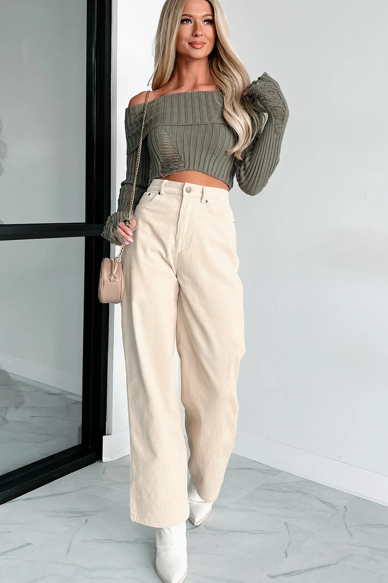 Edgy Instinct Off The Shoulder Distressed Crop Sweater (Olive)