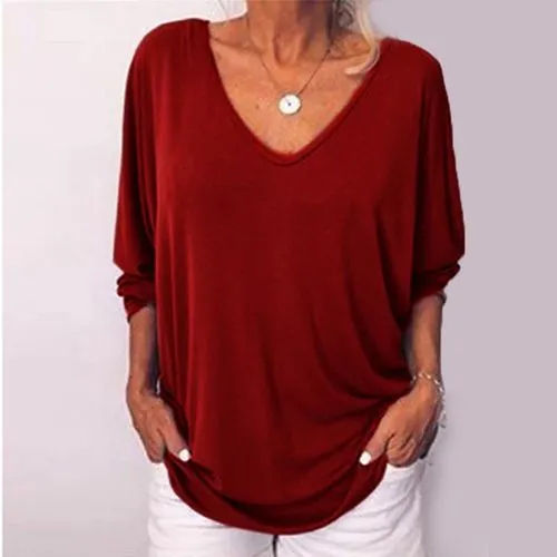 Fashion Solid Color Polyester V Neck 3/4 Length Sleeve Batwing Sleeve Button T-shirt