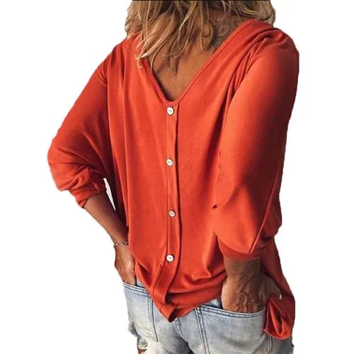 Fashion Solid Color Polyester V Neck 3/4 Length Sleeve Batwing Sleeve Button T-shirt