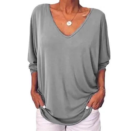 Fashion Solid Color Polyester V Neck 3/4 Length Sleeve Batwing Sleeve Button T-shirt