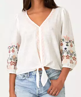 Floral Tie Front Top - Natural/Coral