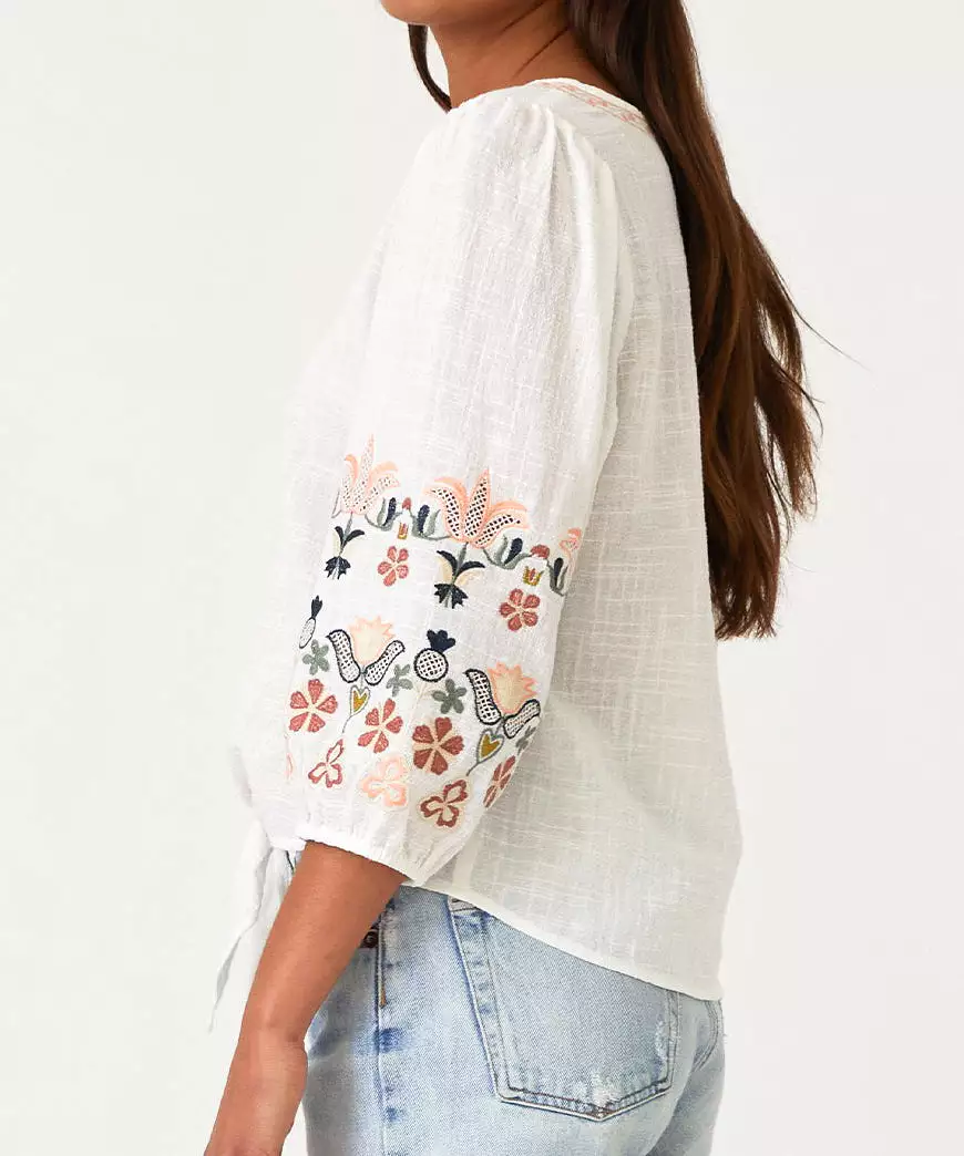 Floral Tie Front Top - Natural/Coral