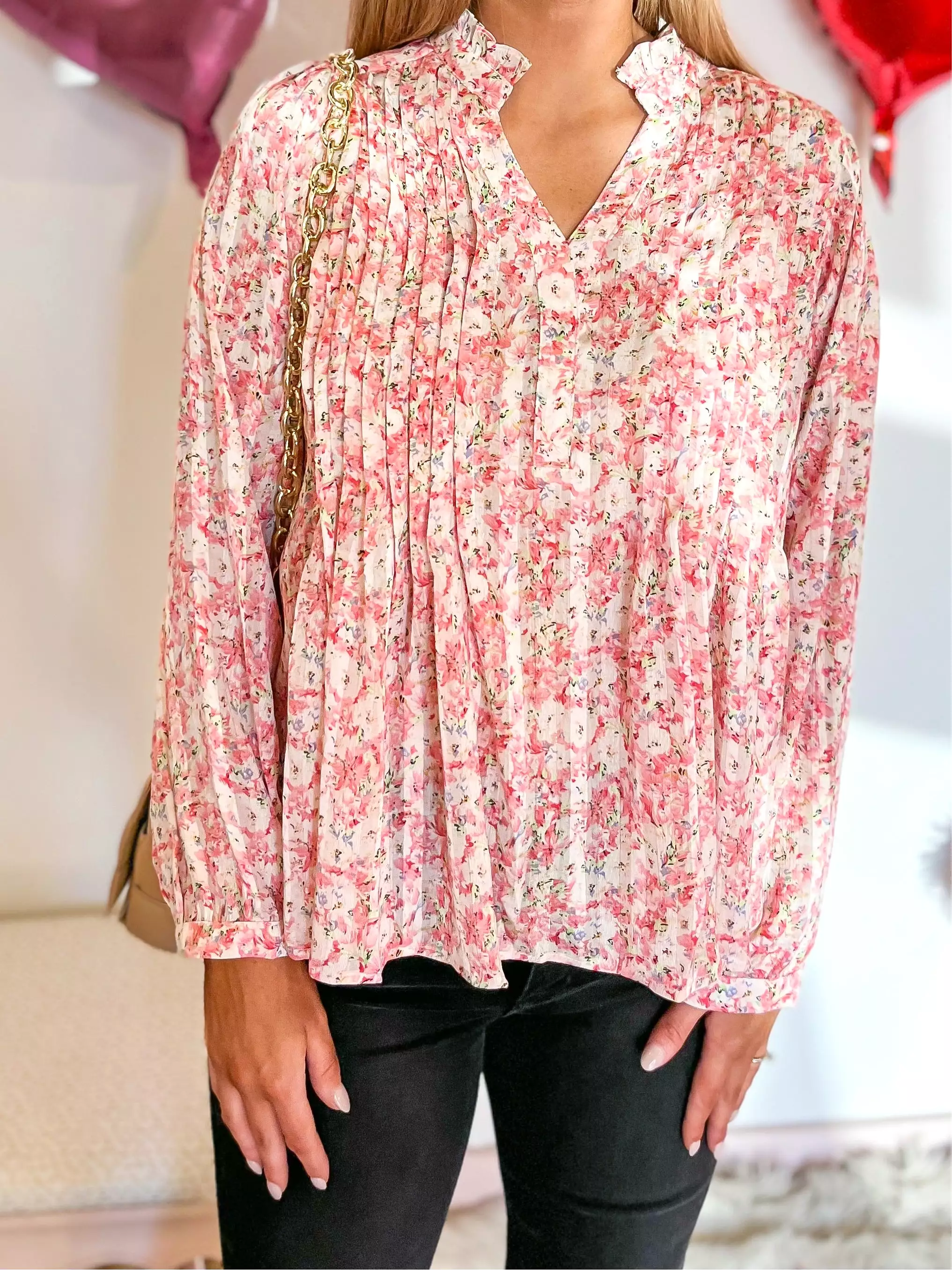 FLOWER PRINT PINTUCK FRONT TOP - PINK