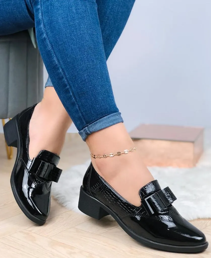 Glossy Black Bow Loafers