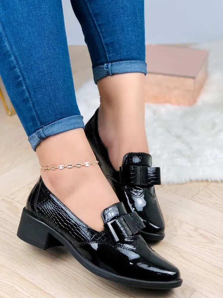 Glossy Black Bow Loafers