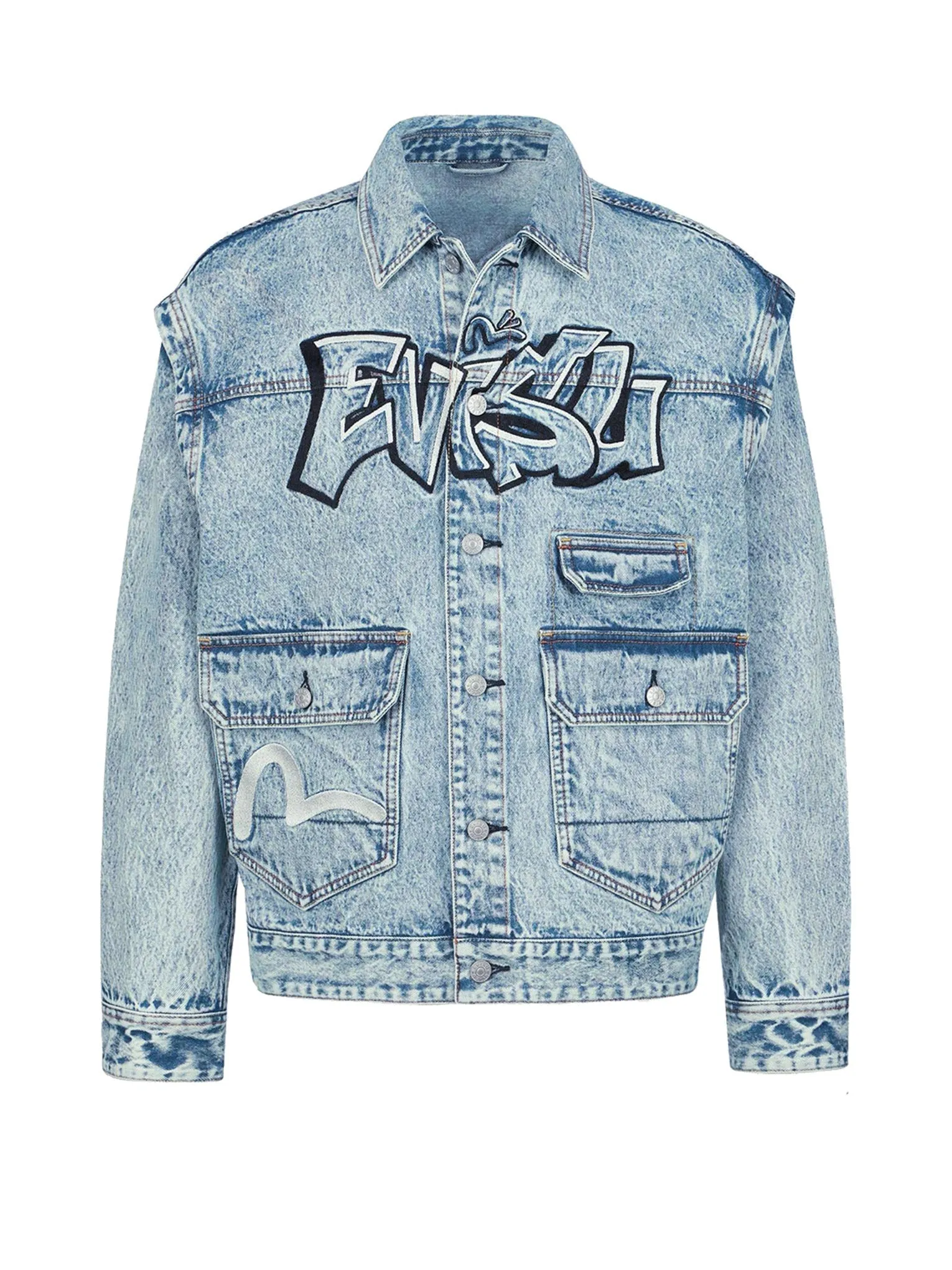 Graffiti Logo Embroidery Denim Jacket with Detachable Sleeves