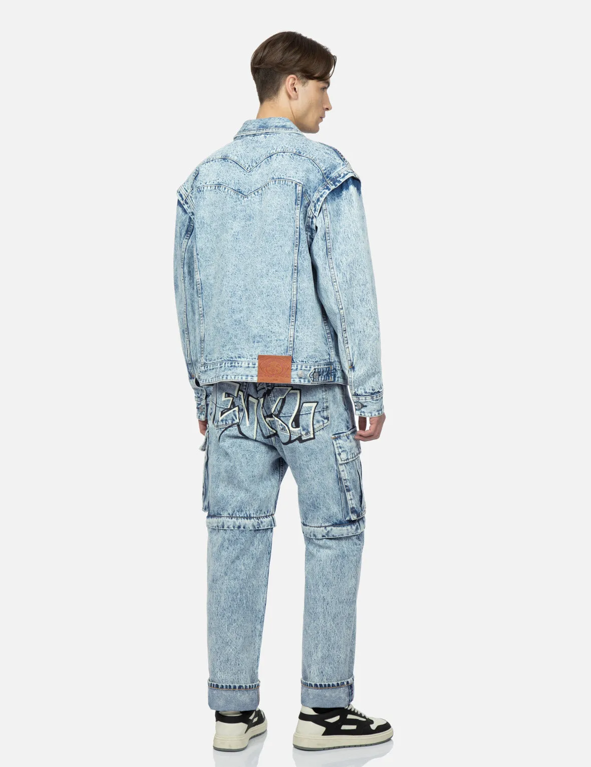 Graffiti Logo Embroidery Denim Jacket with Detachable Sleeves