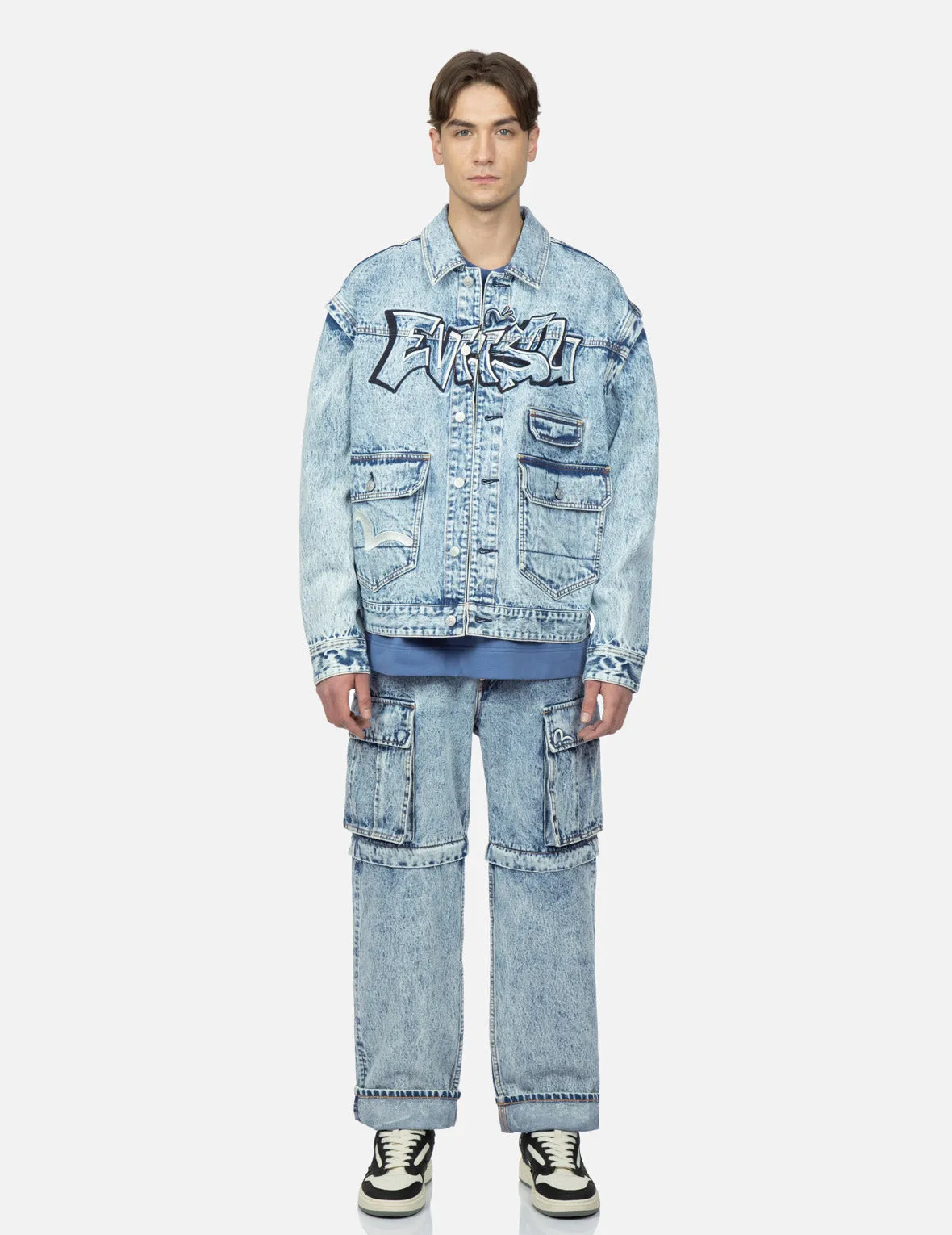 Graffiti Logo Embroidery Denim Jacket with Detachable Sleeves