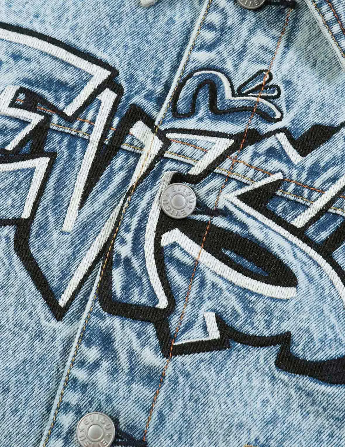 Graffiti Logo Embroidery Denim Jacket with Detachable Sleeves